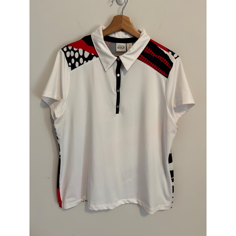 Zenergy Golf by Chicos size 3 Women XL White Red Black Abstract Print Polo Shirt